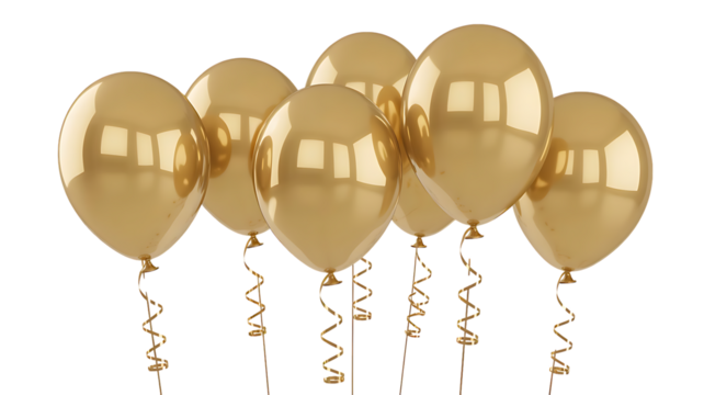 Group of golden balloons with ribbons isolated on transparent background