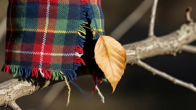 Plaid fabric and leaf on branch.
Description Fragment of plaid fabric with fringe adorns a branch with a single fallen leaf