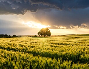 Golden sunset over a wheat field with a lone tree