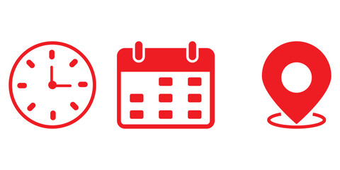 Time date address icon set collection vector illustration. Event icons vector. Location, Calendar & clock icon. Clock, pin map location, and calendar signs set. Business schedule icons clock calendar