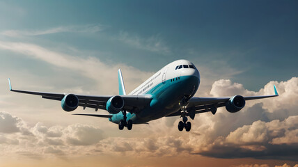 Fototapeta premium Commercial Airplane Flying at Sunset Sky