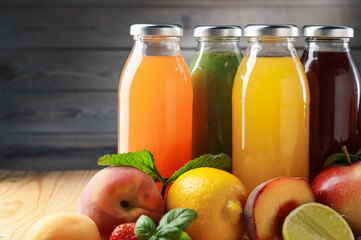 Tasty juices in glass bottles, fresh ingredients and herbs on wooden table against brown background, closeup