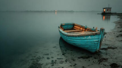 Naklejka premium Small wooden boat resting on the shore of a lake in a misty atmosphere at dawn, with a small house in the background