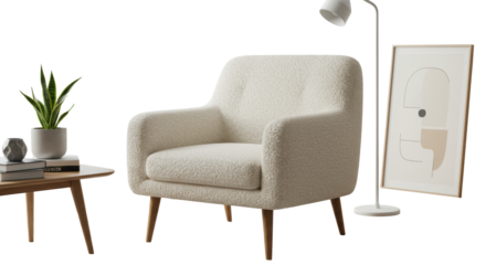 Unoccupied cream boucle armchair with wooden legs in a bright contemporary minimalist room, soft-focus cityscape, coffee table with plant, elegant floor lamp, sophisticated modern luxury interior
