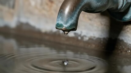 Dripping Faucet.
Description Close-up of a tarnished metal faucet dripping water into a puddle creating ripples - Powered by Adobe