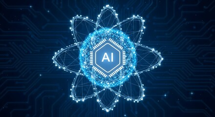 A glowing AI icon within an atom symbol on a circuit board background. Represents artificial intelligence, machine learning, and future technology.