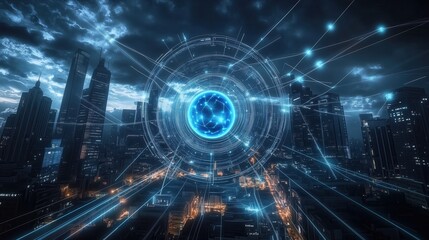 Obraz premium Cyberpunk Cityscape with Futuristic Data Visualization