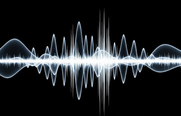 White sound waves with neon blue light trails on black. Abstract music background, audio waves, soundtrack, speech and voice recording theme.