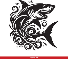 Obraz premium Aggressive Shark Vector Illustration with Decorative Swirls