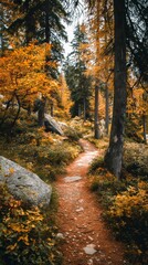 Fototapeta premium A scenic autumn forest path leads the way through nature's beauty.