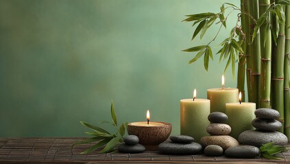 Burning candles and stacked stones decorate bamboo stalks against a green textured backdrop in studio