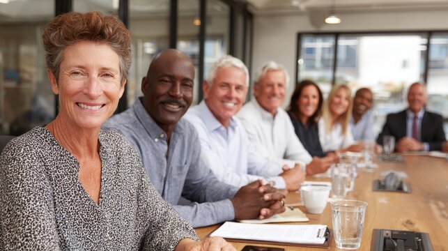 Business team smiling during a meeting in a modern office