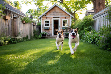 Two happy dogs running towards the camera in a beautiful backyard with a wooden shed.