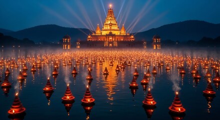 Loy Krathong festival design element.  Floating Krathong lanterns at Wat Arun temple in Thailand. Use it to celebrate Thai traditions or for travel promotions.