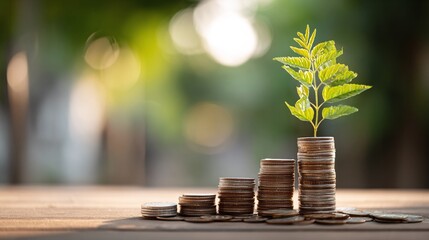 Coin stacks showing growth towards sapling against a soft green bokeh backdrop outdoors