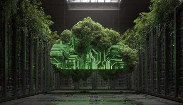 Cloudshaped circuit board, adorned with natural green foliage, hovers centrally within a metallic server room
