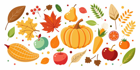 Set hand-drawn, colorful autumn harvest items. Modern abstract minimal style. Vector flat illustration.