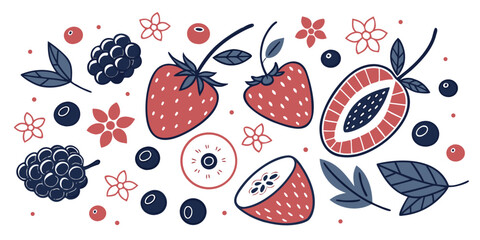 Set hand-drawn, colorful assorted berries. Modern abstract minimal style. Vector flat illustration.