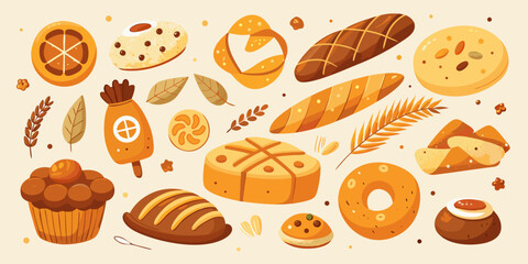 Set hand-drawn, colorful bakery foods. Modern abstract minimal style. Vector flat illustration.