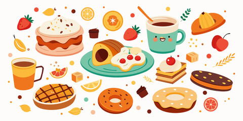 Set hand-drawn, colorful breakfast foods. Modern abstract minimal style. Vector flat illustration.