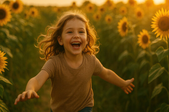Joyful child running through sunflower field at sunset, smiling with arms outstretched, golden light, carefree summer day, happiness and freedom in nature