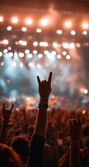 Concert crowd raising hands showing rock and roll sign under bright stage lighting