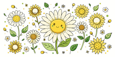 Set hand-drawn, colorful sunflowers and daisies. Modern abstract minimal style. Vector flat illustration.