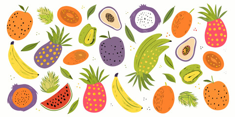 Set hand-drawn, colorful tropical fruits. Modern abstract minimal style. Vector flat illustration.