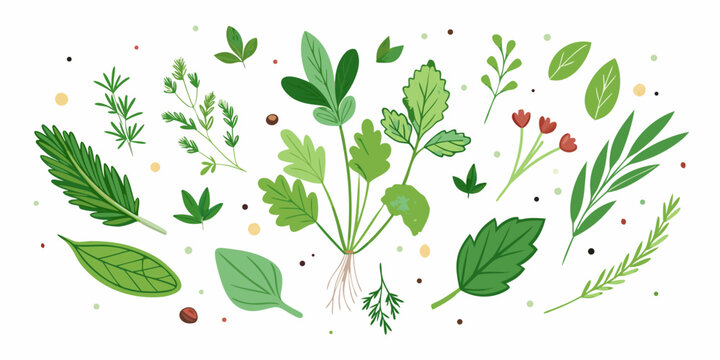 Set hand-drawn, colorful ulinary herbs. Modern abstract minimal style. Vector flat illustration.