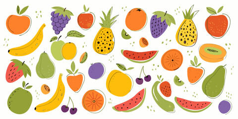 Set hand-drawn, colorful various fruits. Modern abstract minimal style. Vector flat illustration.