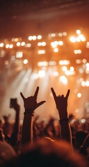 Crowded concert shows fan's raised hands making the rock and roll hand gesture