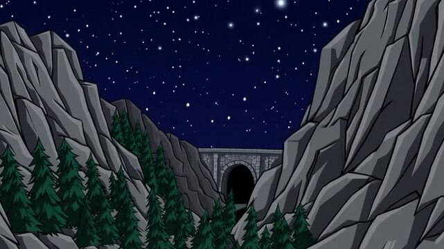 serpentine and elevated pathway traversing mountainous terrain illuminated under the darkness of night, featuring cartoon-style depiction of dark rocky landscape with fir trees situated in valley, tu