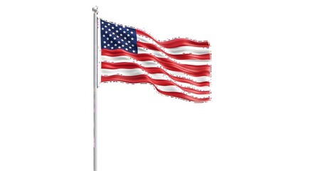 American flag waving on a flagpole, isolated on white background, symbolizing freedom and patriotism