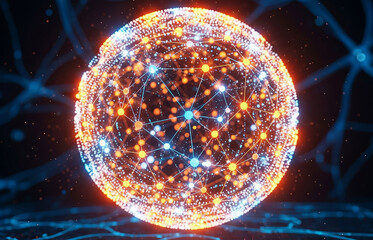 Neon glowing particle 3d sphere. Orange and blue neon energy orb. Futuristic world globe.

technology, neural networks