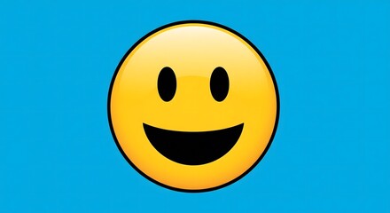 Fototapeta premium A happy yellow smiley face icon on a bright blue background. A simple and classic emoticon representing happiness, positivity, and good mood.