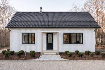 A classic board and batten style home with a dark tile roof.