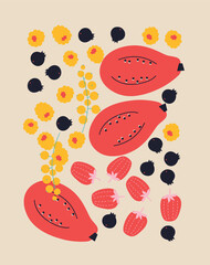 Colorful flat style illustration of assorted fruits and vegetables, whole and cut into slices. Minimal modern artwork for healthy food themes, packaging design, posters and decorative projects.