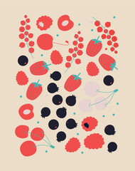 Colorful flat style illustration of assorted fruits and vegetables, whole and cut into slices. Minimal modern artwork for healthy food themes, packaging design, posters and decorative projects.