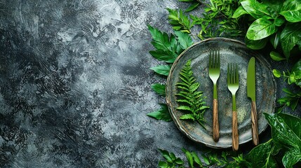 Dark gray background with green utensils and leaves