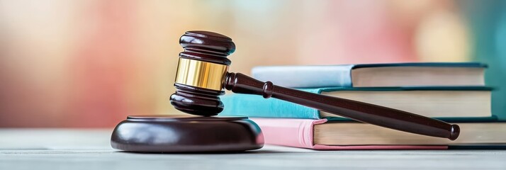 A gavel rests on a table beside stacked books, symbolizing law, justice, and the judicial system in a colorful background.
