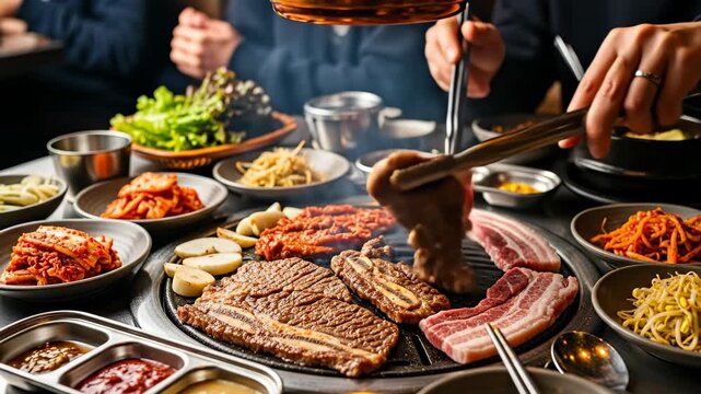 Korean BBQ Feast: Sizzling Meat and Banchan