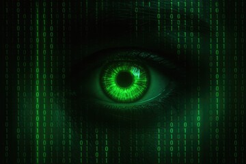 Intense green eye focused amidst a cascade of green binary code iris pupil