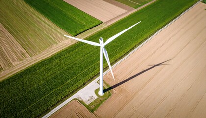 Aerial view of wind turbine in agricultural fields