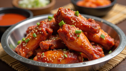 Delicious chicken wings coated in spicy sauce, garnished with green onions and sesame seeds, served in metal bowl