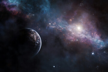 Cosmic landscape with a shadowed planet and a luminous, colorful star-forming nebula.