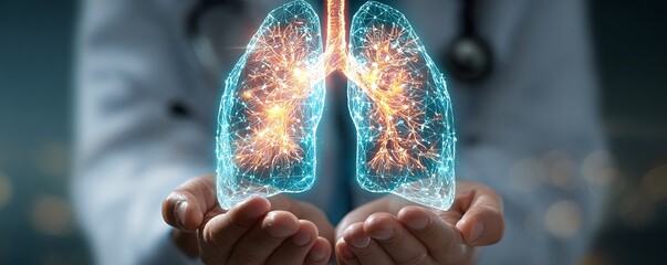 Doctor delicately holds glowing networked lungs, illustrating health and respiratory wellness in technological medicine