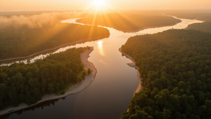 Breathtaking river landscape at sunrise, showcasing winding waterways and lush greenery, evoking sense of tranquility and natural beauty