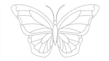 Cartoon-style butterfly with symmetrical wings and simple bold outlines on a white background, minimal design, perfect for children&rsquo;s coloring books.