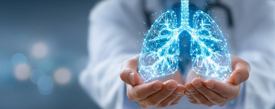 Doctor presents glowing lung model in hand, a symbol of healthcare innovation