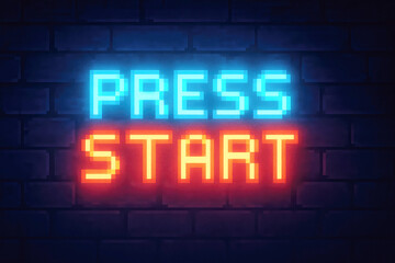 Neon Pixelated Press Start Sign Glowing Blue and Red on Brick Wall image photo